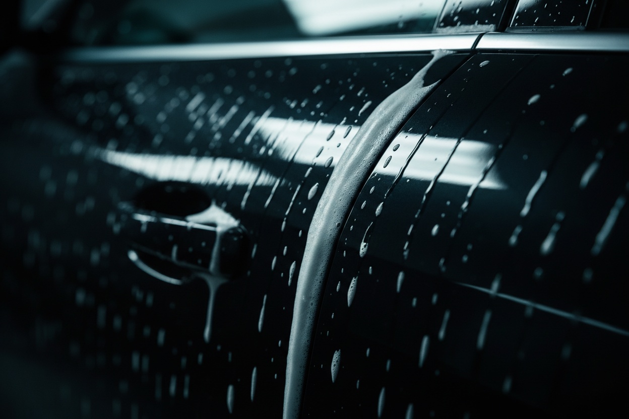 Thick snow foam sliding down glossy black car paint