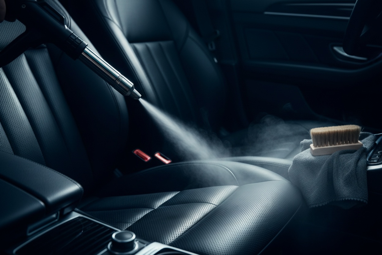 Steam cleaning a black leather car seat