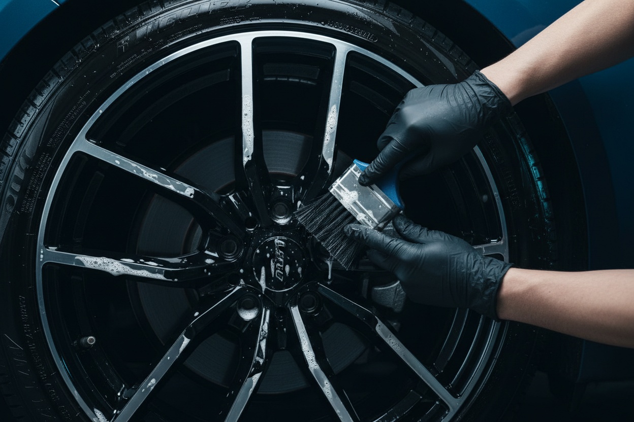 Detailing brush cleaning an alloy wheel with foam