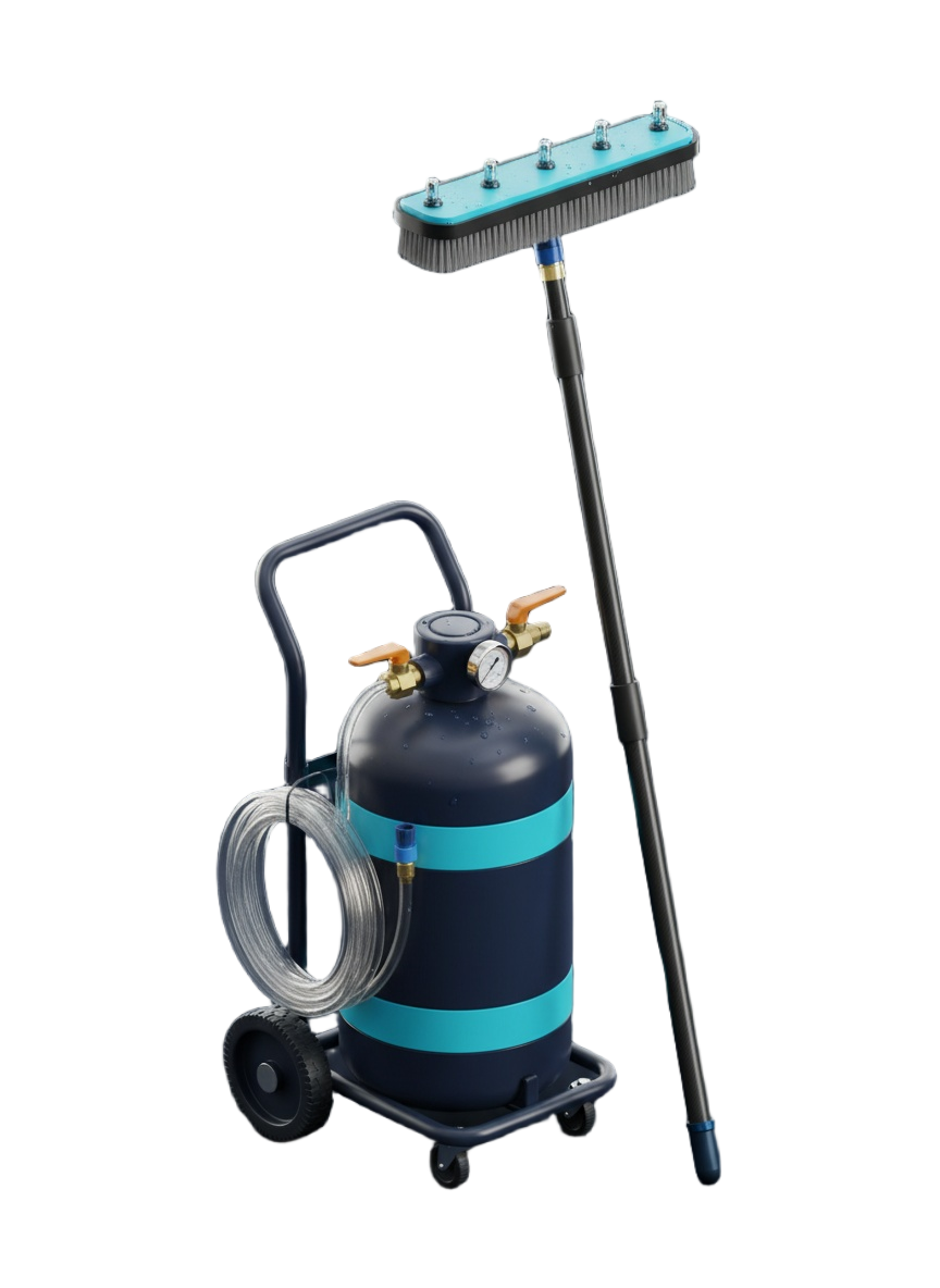 The Squeegee Boys pure-water rig — a deionisation tank trolley and carbon-fibre water-fed pole